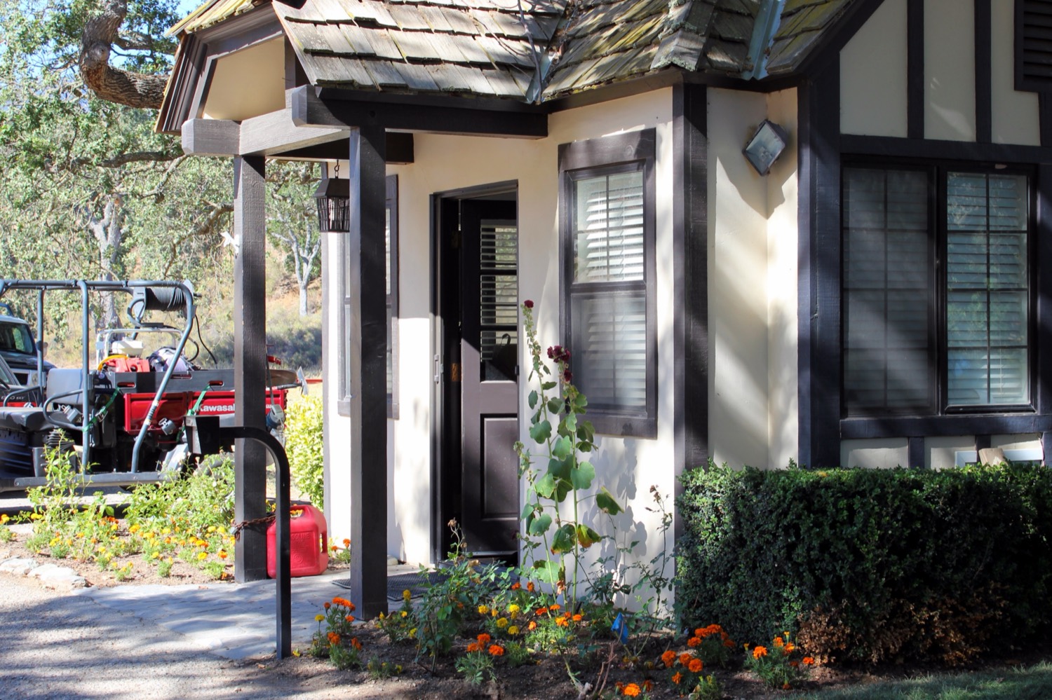 A Tudor-style gatehouse building on the Neverland Ranch grounds, 2014